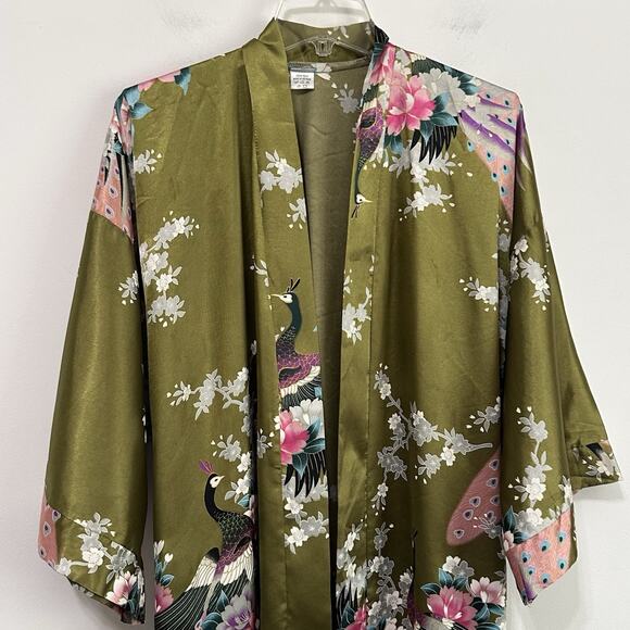Oriental Silk Kimono Robe S/M Belted Green Peacocks Floral Romantic Satin Asian - Picture 4 of 10